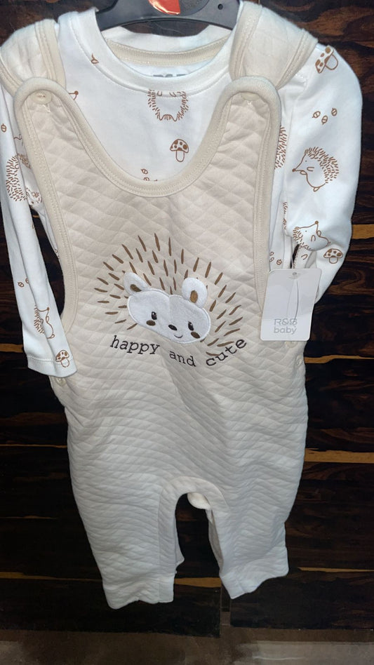 R&B Brand Baby Girls’ 2-Piece Outfit – Beige Quilted Dungaree & Printed Long-Sleeve Top