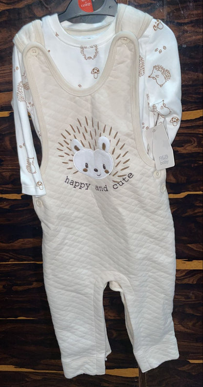 R&B Brand Baby Girls’ 2-Piece Outfit – Beige Quilted Dungaree & Printed Long-Sleeve Top